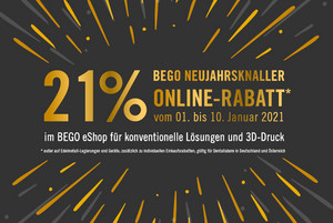 „Neujahrsknaller“ bei BEGO! Dentallabore in Deutschland und Österreich profitieren vom 01. bis zum 10. Januar 2021 von unserer Neujahrsknaller-Aktion mit 21 % Rabatt im BEGO eShop für konventionelle Lösungen und 3D-Druck.