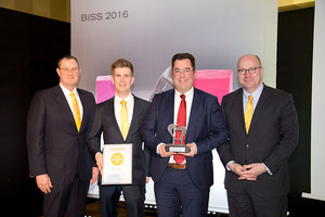 Pleased with the Wilhelm Herbst Award for the best sales performance in the category of conventional dentistry. From l. to r.:  Jürgen Schultze, Head of International Sales at BEGO Bremer Goldschlägerei, Alexander Meinders, Area Sales Manager at BEGO Bremer Goldschlägerei, Dirk Strubbe, General Manager at Arseus Lab Benelux and Christoph Weiss.